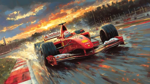 Wet-track Formula car under dynamic sunset lighting, painterly detail