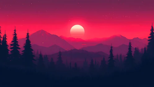Crimson sun over silhouetted pine mountains at dusk.