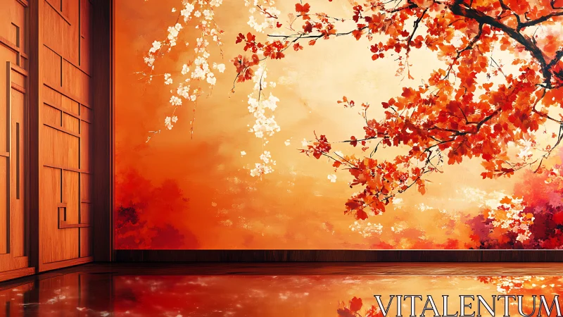 Autumn maple branches spill firelight across serene walls