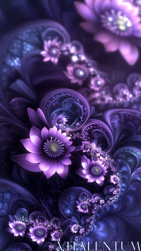 Vibrant purple fractal flowers in swirling abstract space.