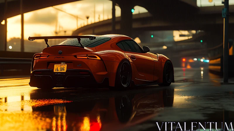 Orange sports car on wet city road at dusk in rain.