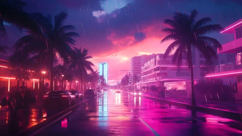 Neon-lit coastal boulevard in rainfall at twilight period.