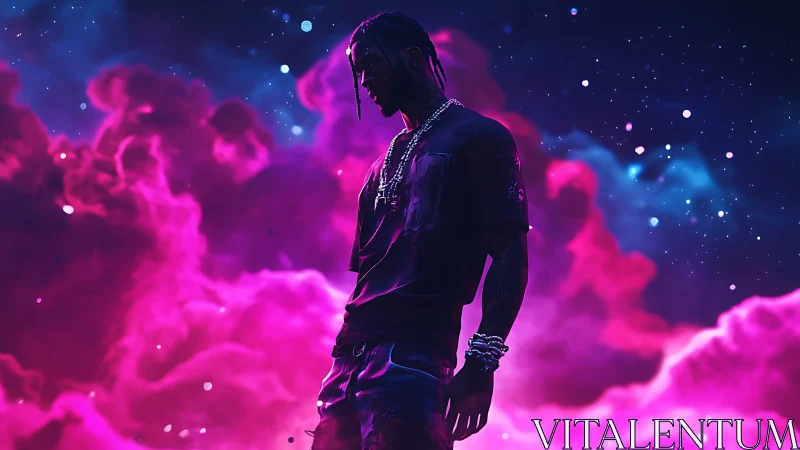 Silhouetted figure stands before vivid neon space clouds