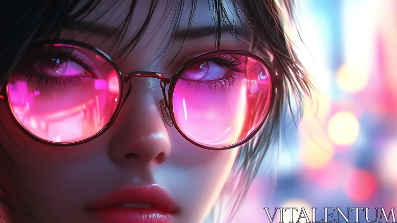 Neon-lit girl in reflective pink glasses close-up portrait.