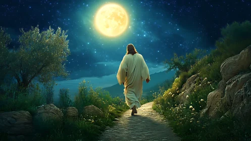 Moonlit robed figure walking a radiant stone path at night.