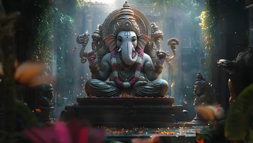 Gentle elephant deity sits in a glowing jungle temple sanctuary