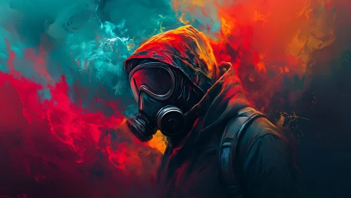 Hooded survivor in gas mask walks through neon toxic storm