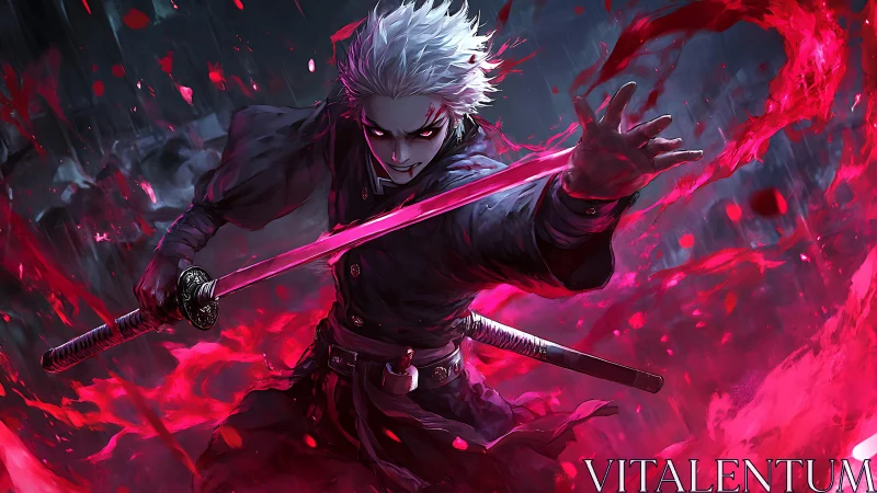 Silver-haired swordsman channeling crimson arcane energy mid-strike