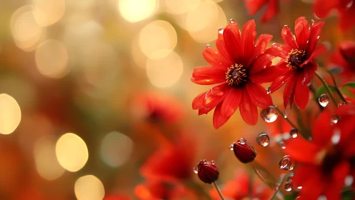 Red gerbera daisies with water droplets and golden bokeh.