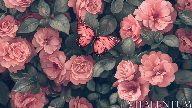 Pink Garden with Monarch Butterfly Among Roses.