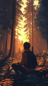 Hiker rests in sunlit forest clearing at golden hour.