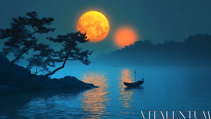 Moonlit lake with boat, twin suns, and silhouetted trees