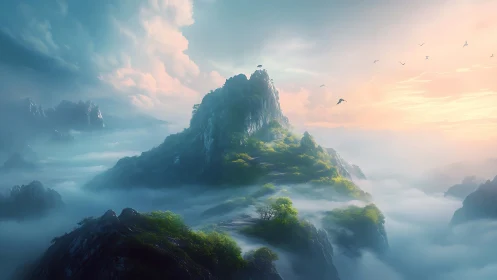 Mythic mountain island rising through glowing cloud sea.