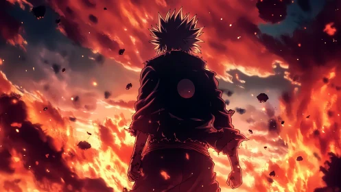 Silhouetted anime figure facing fiery fragmented sky scene.