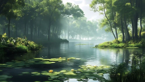 Misty Woodland Canal with Lily Pads and Atmospheric Light Diffusion