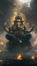 Ganesh figure in seated pose amid fire and water environment.