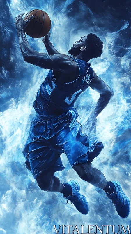Basketball player jumps toward hoop amid blue abstract light