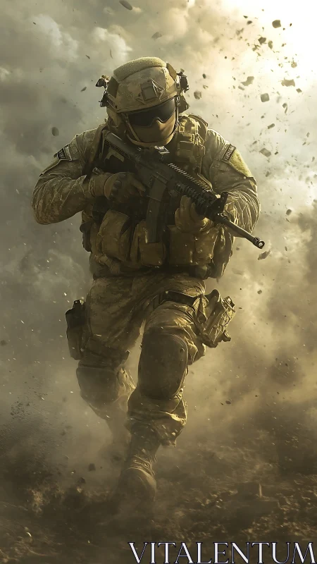 Combat soldier charging through dense battlefield smoke.