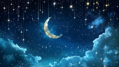 Crescent moon amid dense starfield and glowing cumuliform clouds.