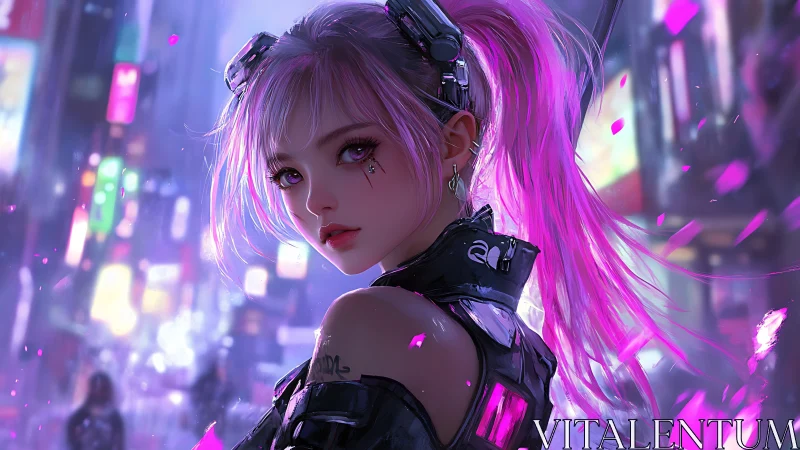 Neon-haired cyber heroine gazes back in a glowing city night