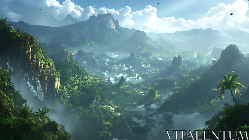 Mountainous landscape with layered valleys and karst formations