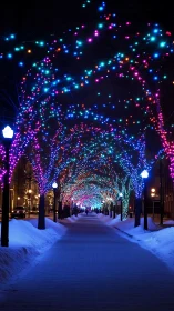 Winter avenue beneath cascading multicolor light canopy.