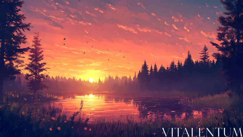 Golden forest sunset settles gently over a quiet lakeshore