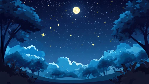 Moonlit Night Sky Over Forest Landscape with Stars