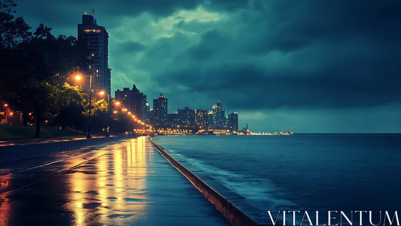 Coastal city promenade at night under dense storm clouds.