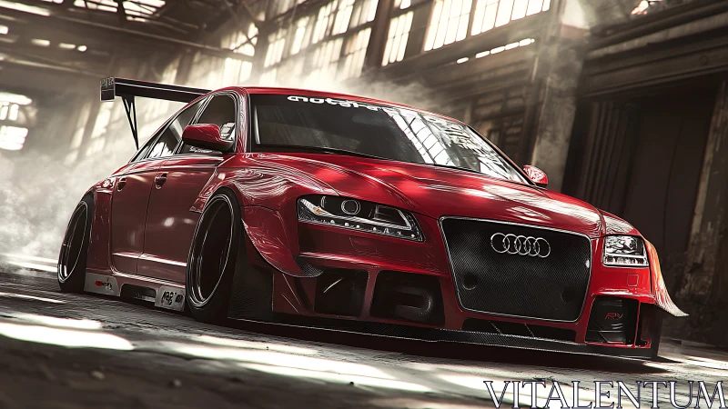 3D widebody race sedan in industrial warehouse lighting study.