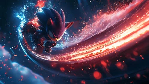 Blue cartoon hedgehog sprints on fiery curved trail in night