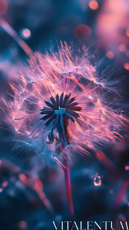 Luminous dandelion seed head in neon dusk bokeh glow.