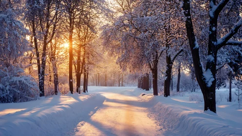 Winter sunrise spells gold across a snowy woodland road.