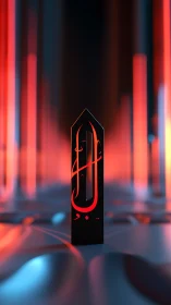 Neon script obelisk glowing in a cybernetic dusk cathedral.