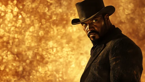 Storm-eyed gunslinger framed in molten desert firelight.