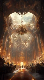Vaulted starlight floods a gilded banquet in celestial hall