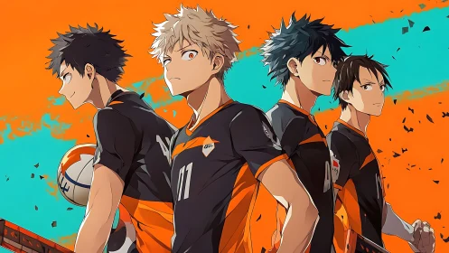 Dynamic anime volleyball squad in high-intensity formation.