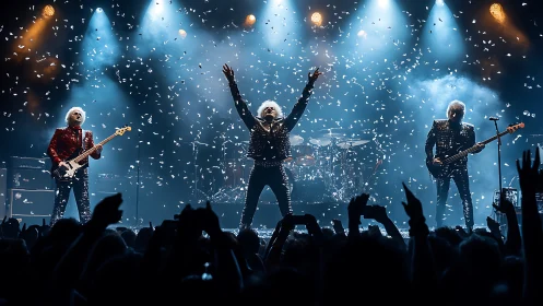 Rock band takes center stage in a confetti filled finale.