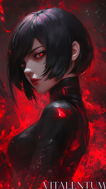 Cyber-noir vampiric portrait renders crimson-laced intensity