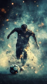 Soccer player sprints forward through smoke and sparks.