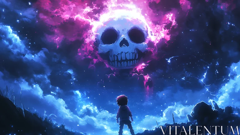 Child confronts cosmic skull nebula in luminous night sky