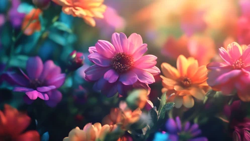 Vibrant Daisy Garden. Pink Petals Bloom Golden Hour Light