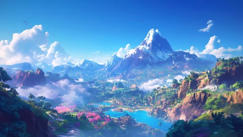 Vast fantasy valley with snowy central mountain peak.