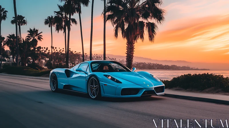 Cerulean supercar under coastal palms at chromatic sunset.