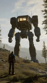 Colossal combat mech towers above lone explorer in valley.
