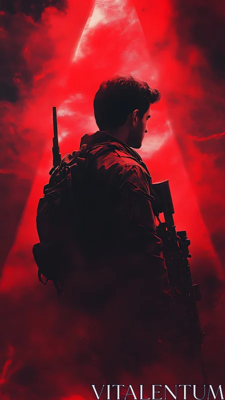 Armed figure in red backlight with triangular smoke field.