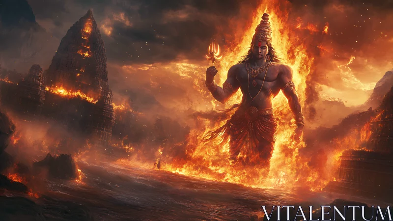 Colossal fire deity strides through burning temple realm.