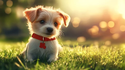 Sunlit puppy wonder with glowing grass and gentle bokeh haze.
