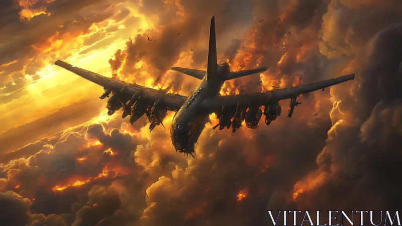Warplane cuts through burning storm clouds at sunset.