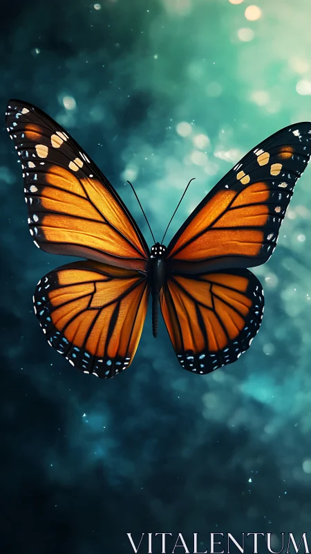 Orange monarch butterfly centered on teal bokeh field.